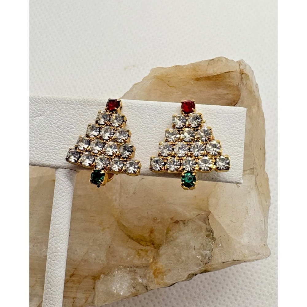 Rhinestone Christmas‎ Tree Earrings Gold Tone Holiday Sparkle Vintage Small Clip